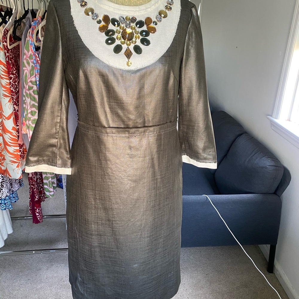 Elegant Brown and Gold Sheath Dress with Bell Sleeves